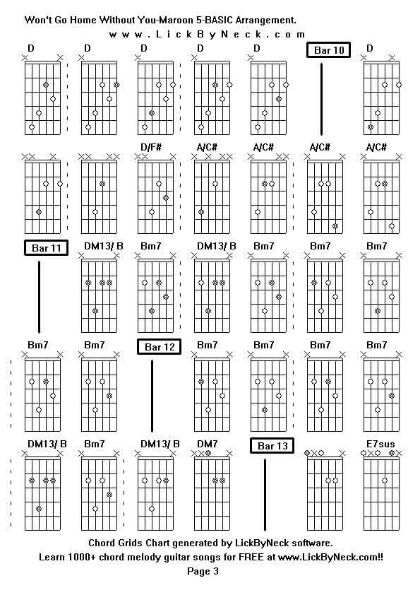 Chord Grids Chart of chord melody fingerstyle guitar song-Won't Go Home Without You-Maroon 5-BASIC Arrangement,generated by LickByNeck software.